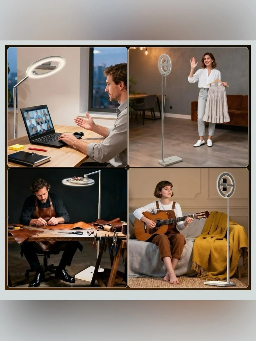 Adjustable LED Floor Lamp with Ring Light and Phone Holder